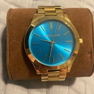 COPY - Michael Kors Slim Runway Watch - MK3265 - gold tone turquoise blue dial …
